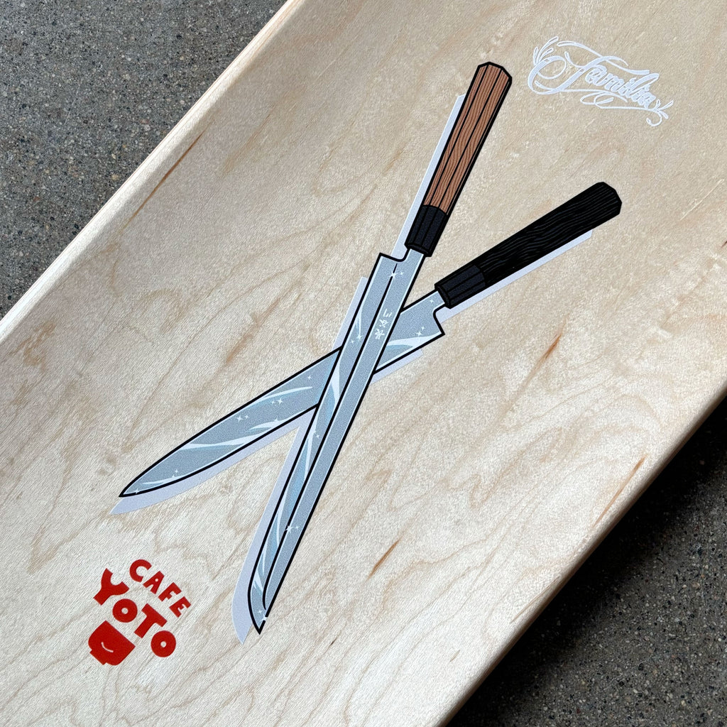 Top graphic of sushi knives with cafe yoto and familia logo's.