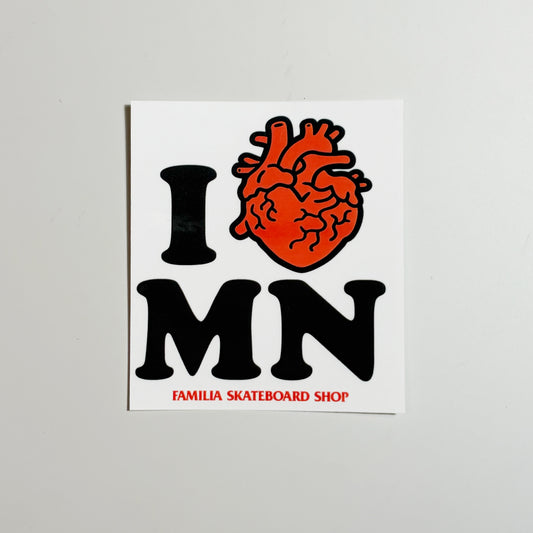Image of white vinyl sticker with I heart MN text in black/red on a white background.