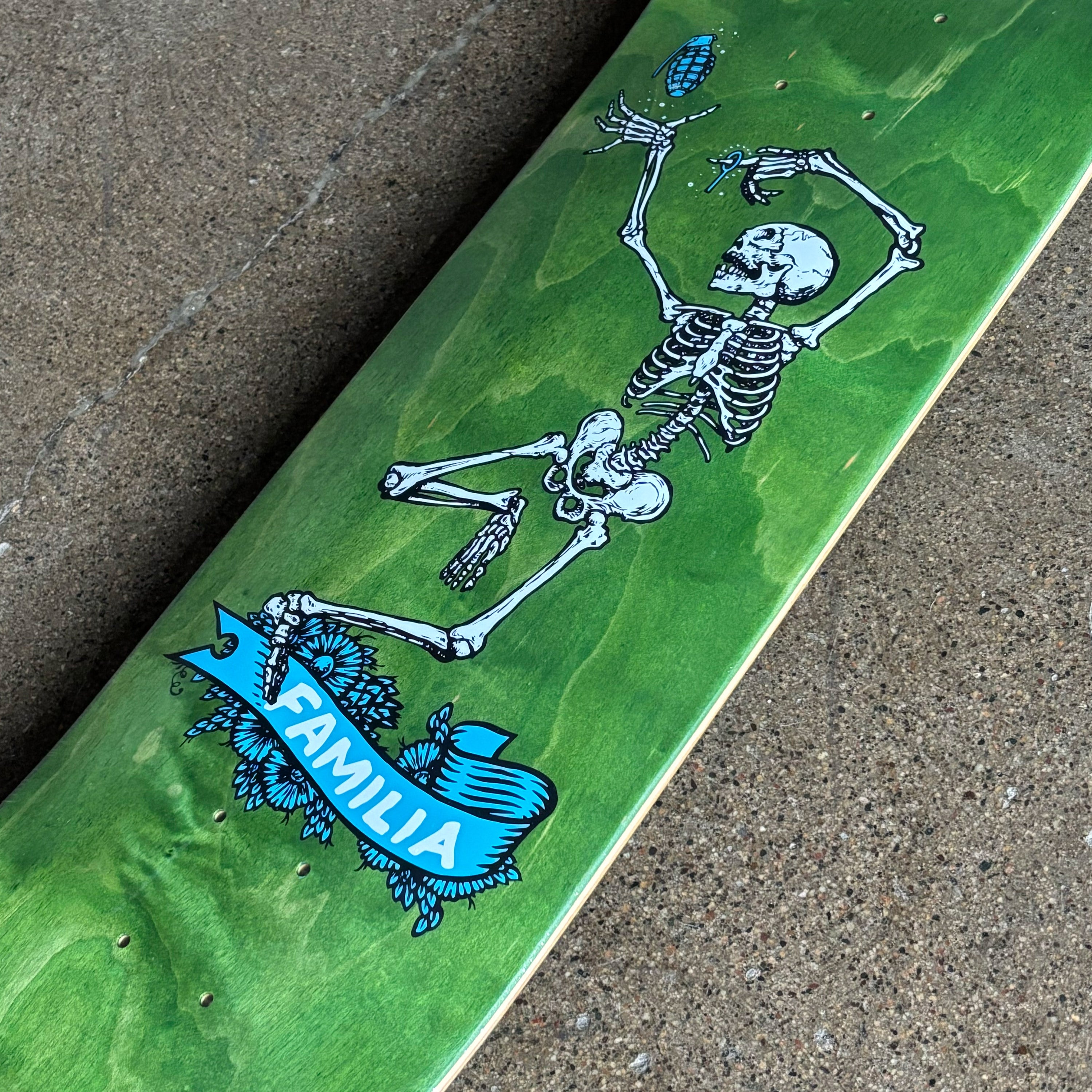 Close detail of skeleton artwork.