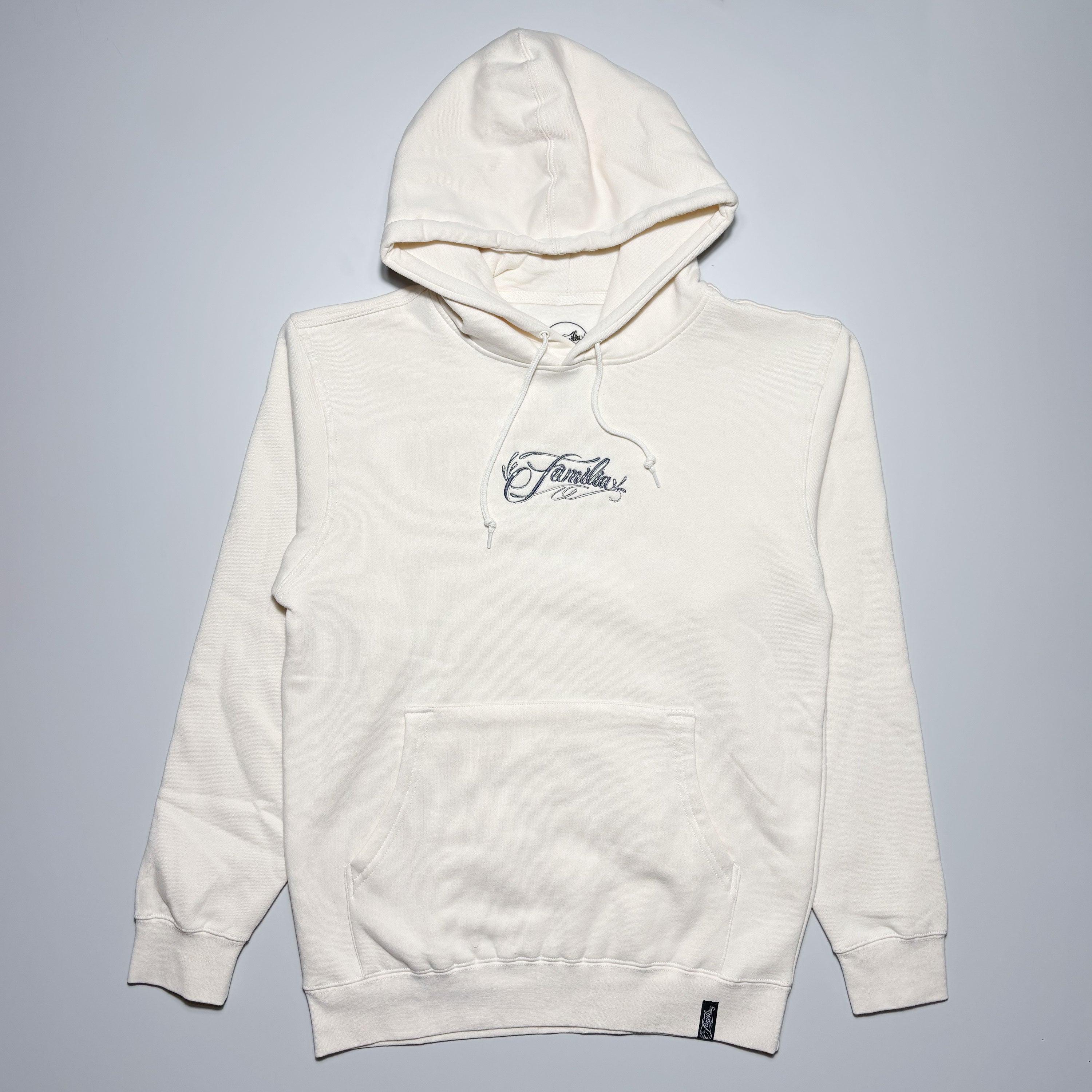 Front image of off-white hoodie with embroidery on chest