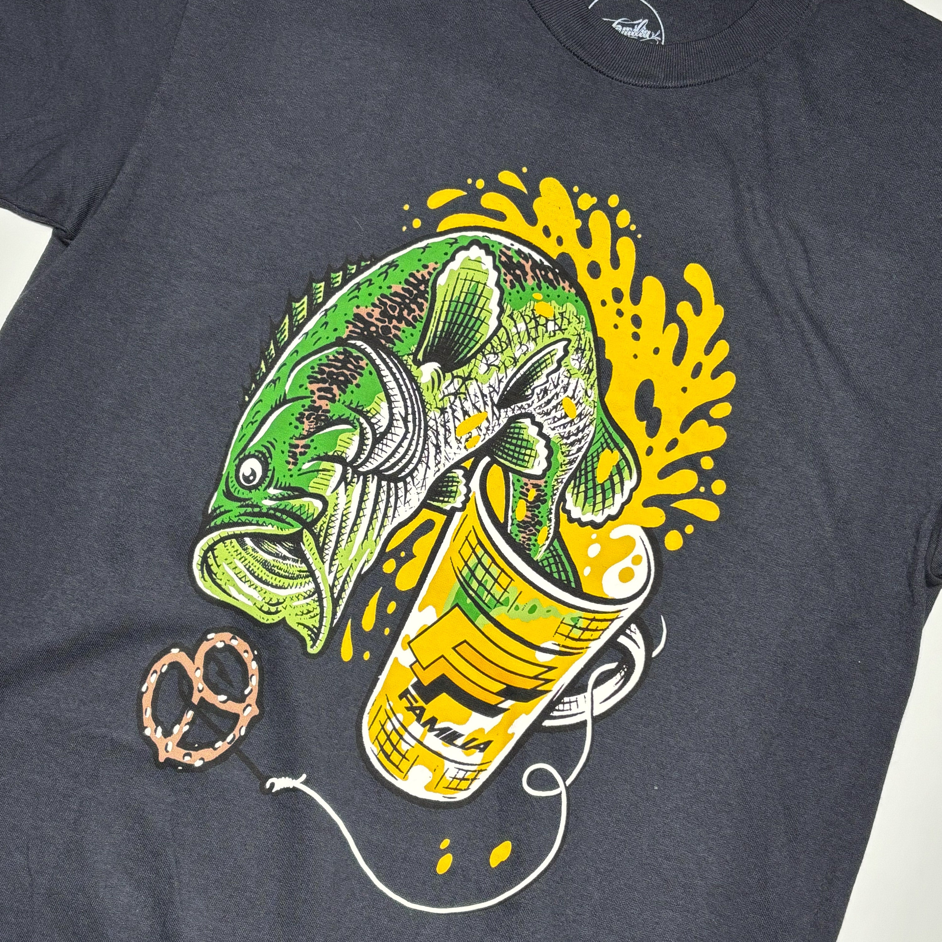 Close detail of fish art printed on front.