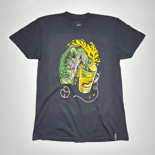 Front image of black tee with art printed on front.