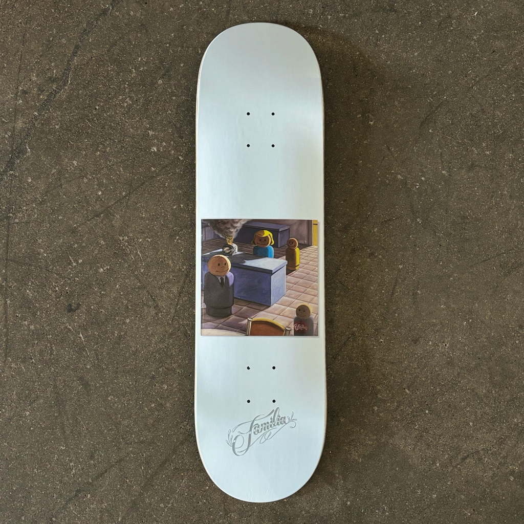 IMAGE OF FULL SKATEBOARD DECK WITH DIARY COVER ALBUM ART AND FAMILIA LOGO ON TAIL