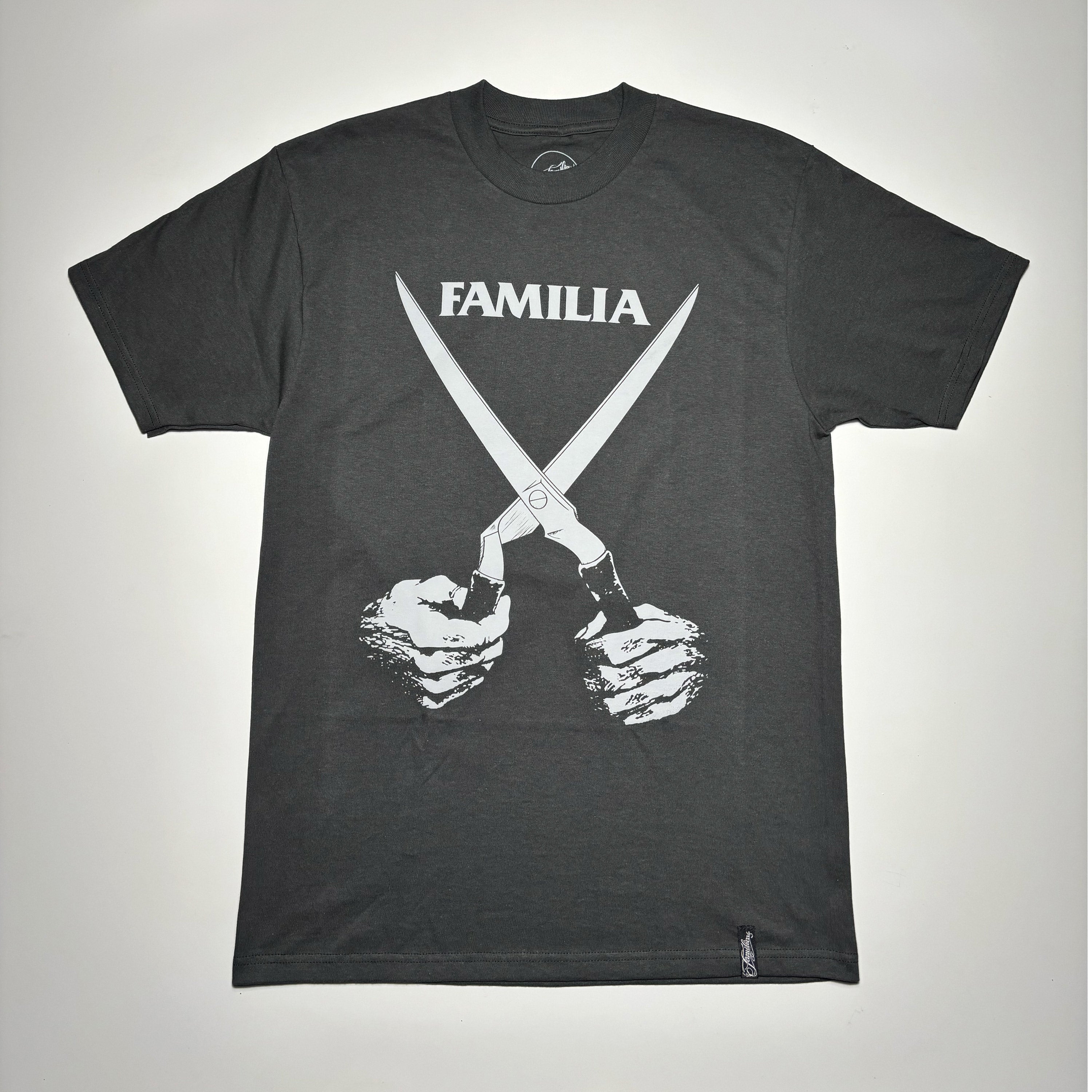 Front image of black tee with grey printed art oversize on front