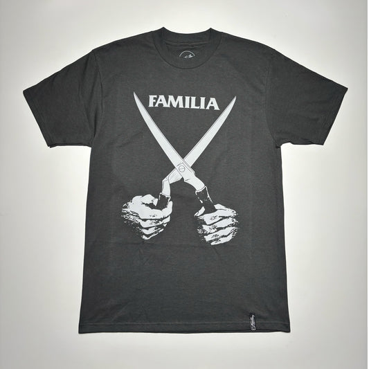 Front image of black tee with grey printed art oversize on front