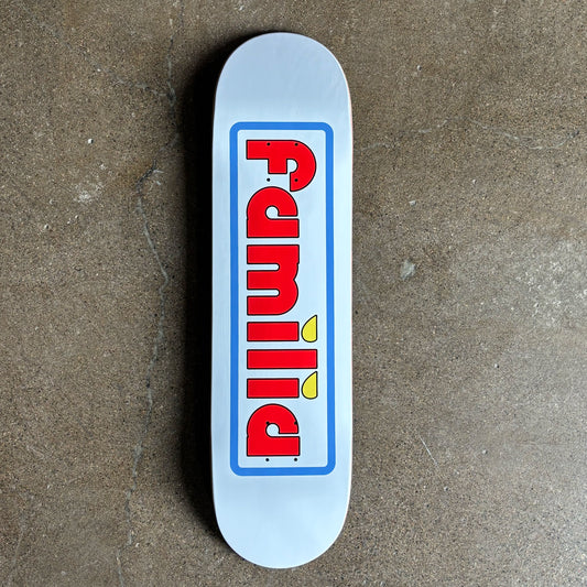 Full image of white deck with red familia font and blue outine.