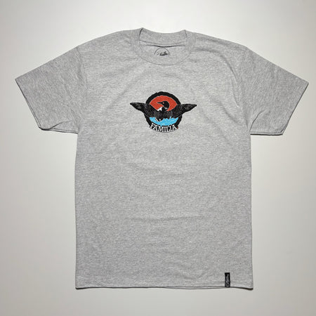 Front image of heather grey tee with printed art on chest.
