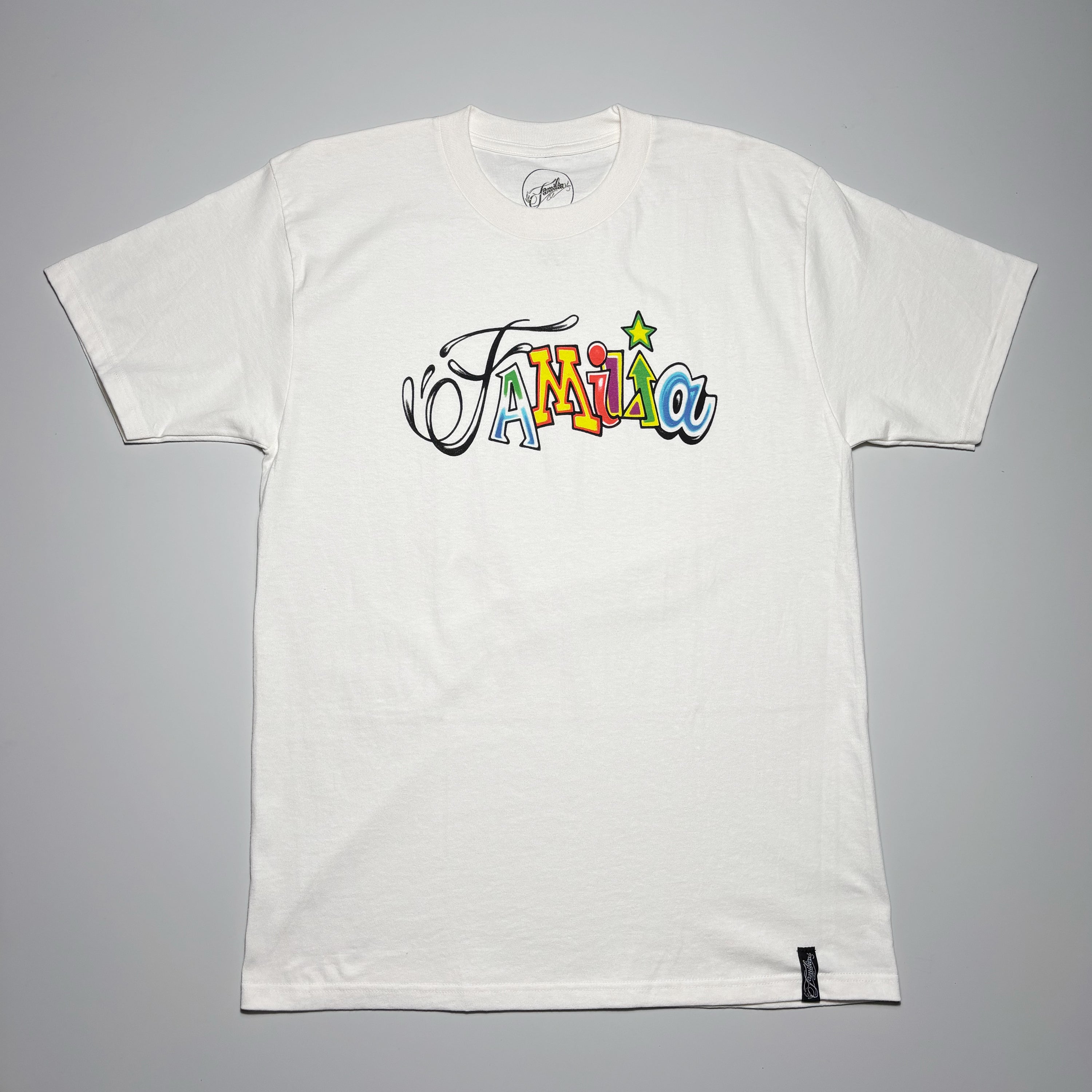 Full image of vintage white tee.
Airbrush style printed art on chest.