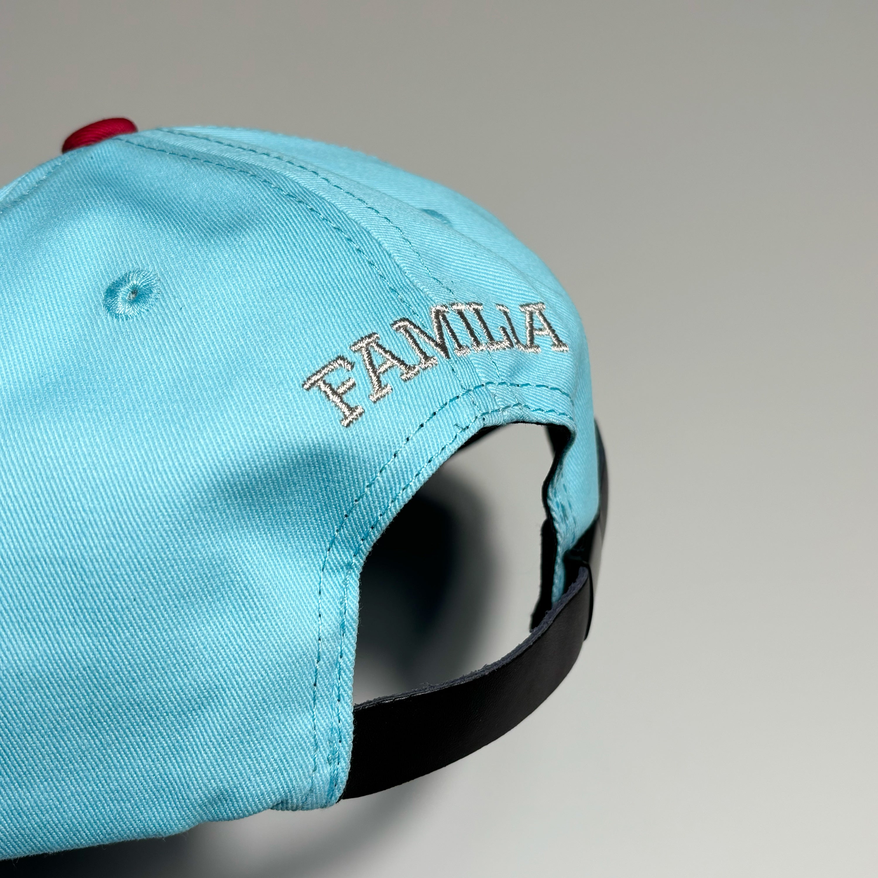 Strapback closure detail with embroidered font above back.