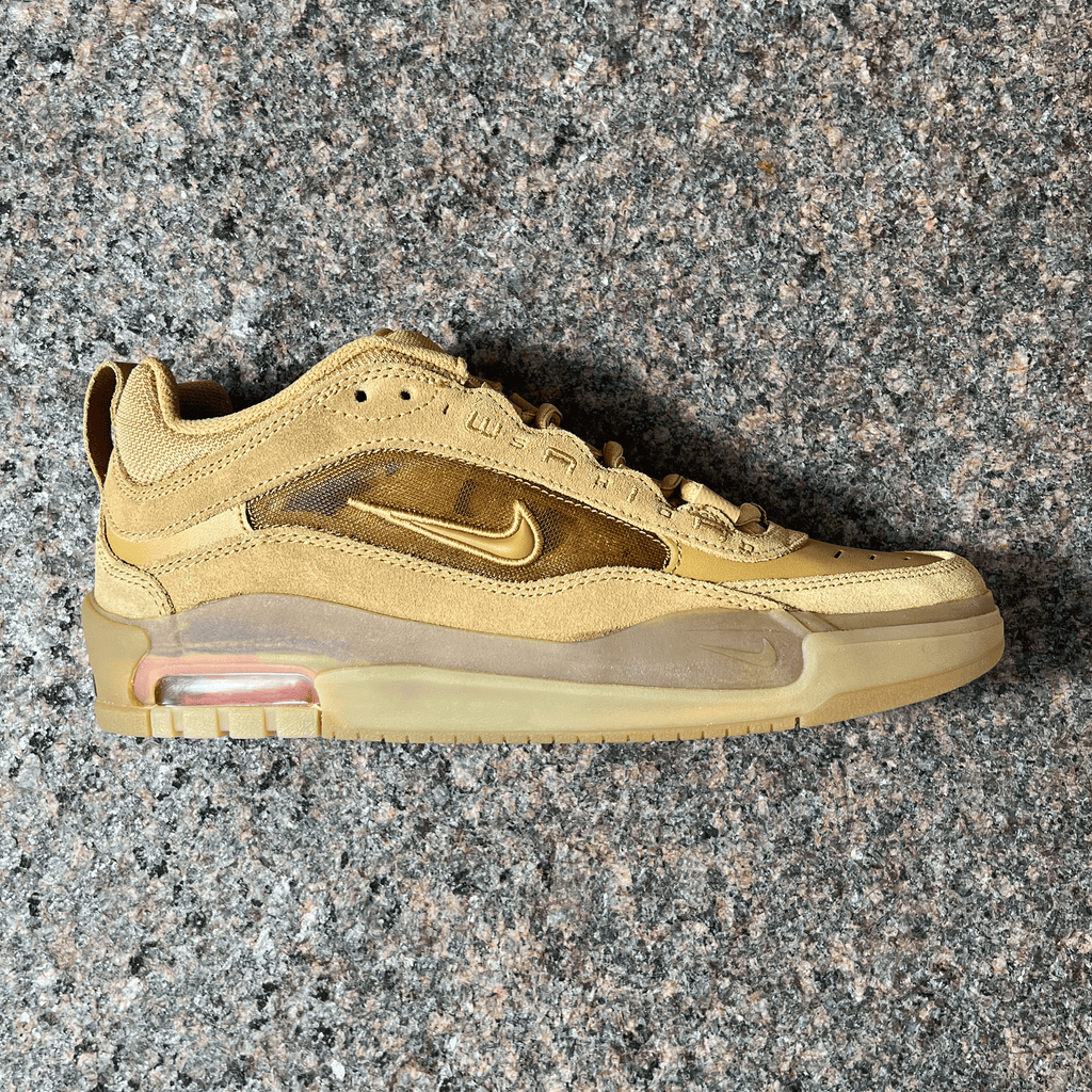 SIDE VIEW OF THE NIKE SB ISHOD PRO MODEL SHOE IN FLAX WHEAT SUEDE AND BROWN GUM SOLE