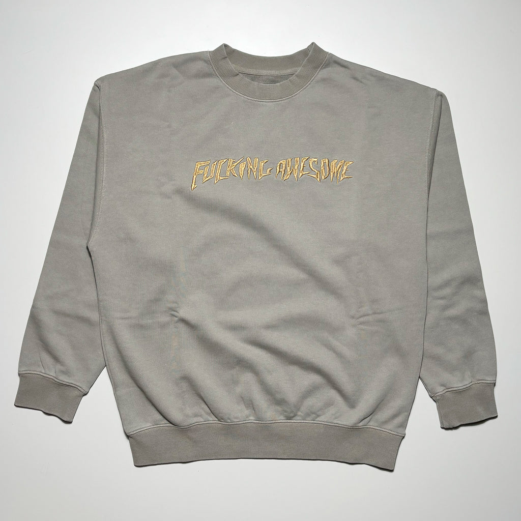 Front image of grey crewneck with embroidery on chest.
