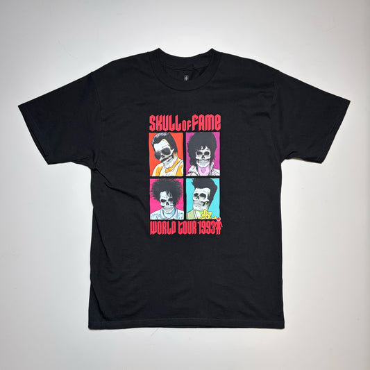 Front image, black cotton tee with original art by Sean Cliver. Freddy Mercury, Morrissey, Prince and Robert Smith inspired art.