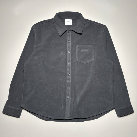 Front image of grey polar fleece button down overshirt.