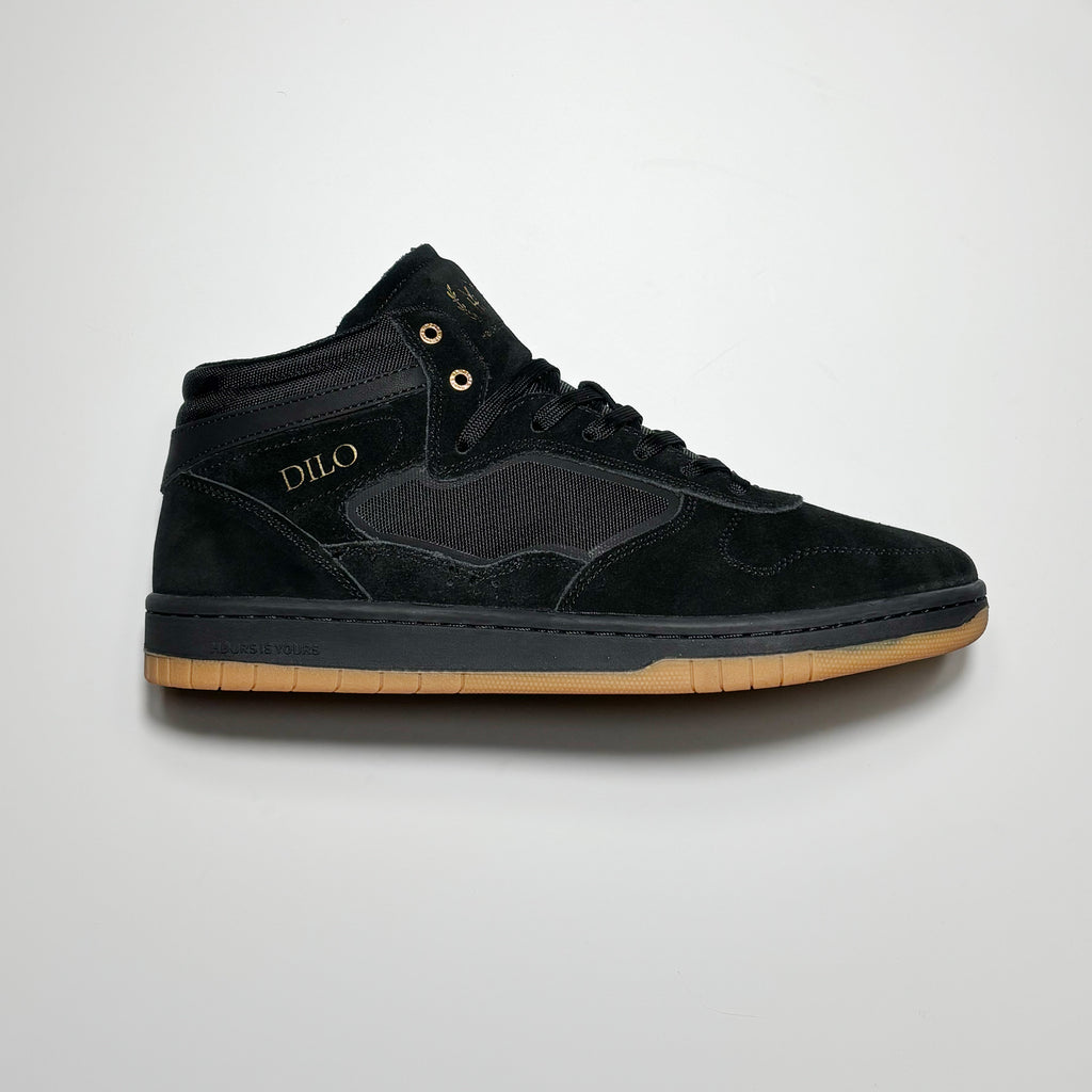 Side image of right shoe. Black suede with gum outsole.