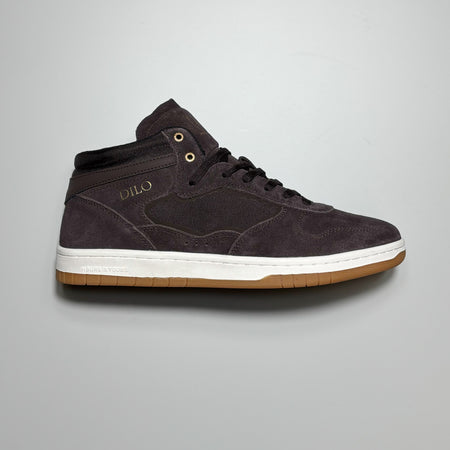 Side image of right shoe. Brown suede with white outsole.