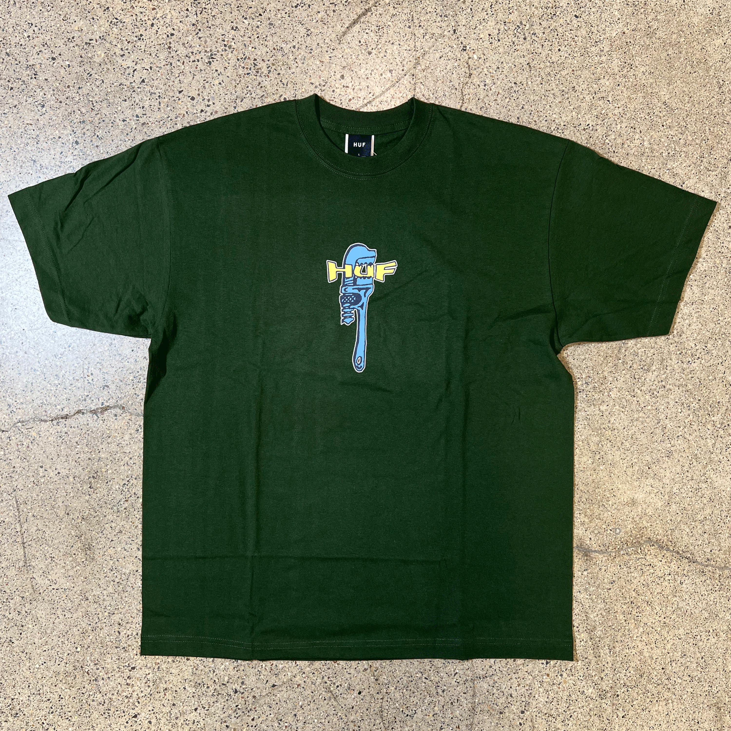 GREEN T-SHIRT, WRENCH DRAWING GRAPHIC WITH YELLOW HUF FONT CENTER CHEST