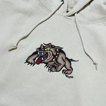 Close detail of embroidered bulldog art