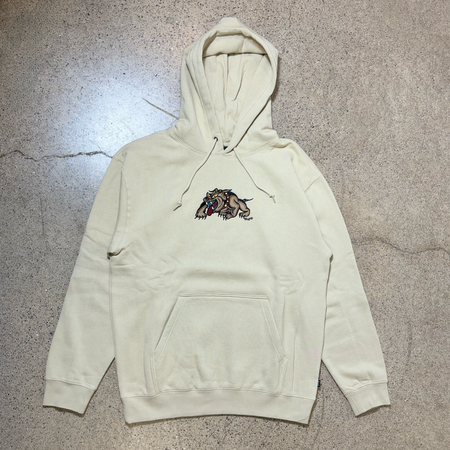 Full image of hoodie.
Embroidered bulldog art on chest 