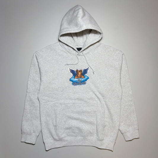 A light heather gray pullover hoodie with a colorful graphic on the chest featuring a winged figure and the text 'HUF Worldwide', displayed against a neutral gray background.