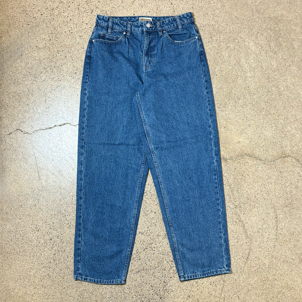 Full front image of indigo colored denim