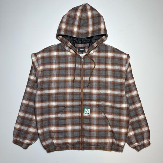 Full image, HUF plaid zippered quilted lined jacket. Woven label on pocket.