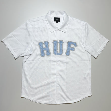 Front image of white mesh button up with HUF logo across chest.