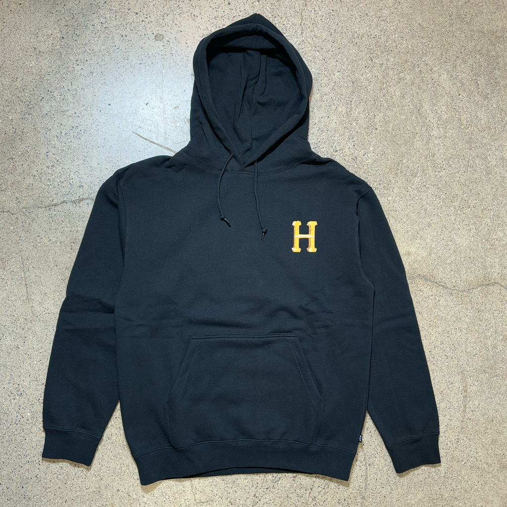 Full front image of hoodie. Gold printed H offset from chest.