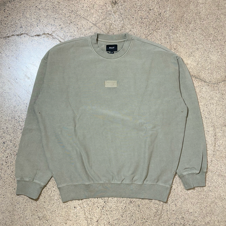 Full front image of crewneck sweatshirt.
Embroidered tonal HUF logo on chest.