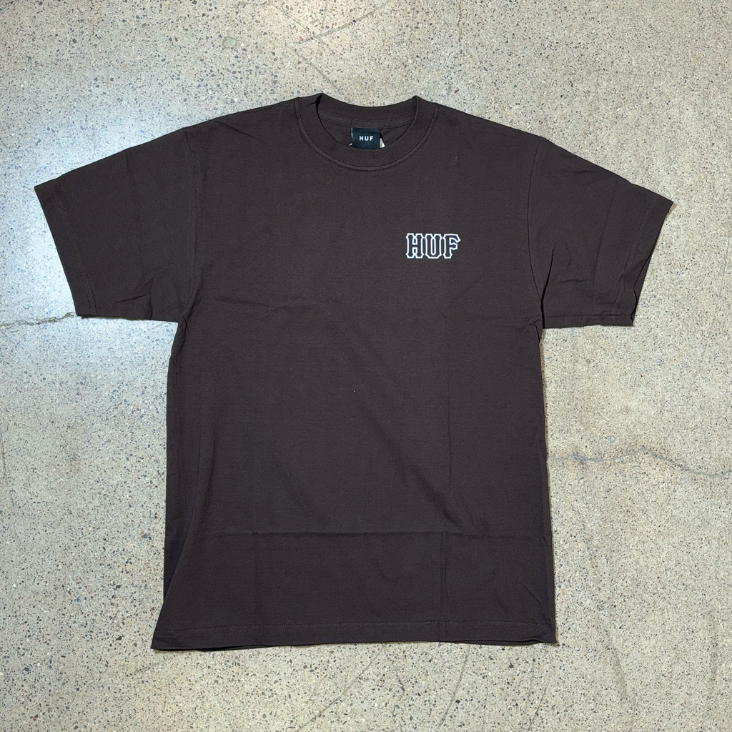 Front image of espresso tee.
White outlife HUF printed on chest.