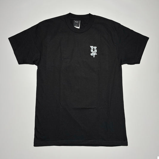 Full image of black tee with printed art in chest.