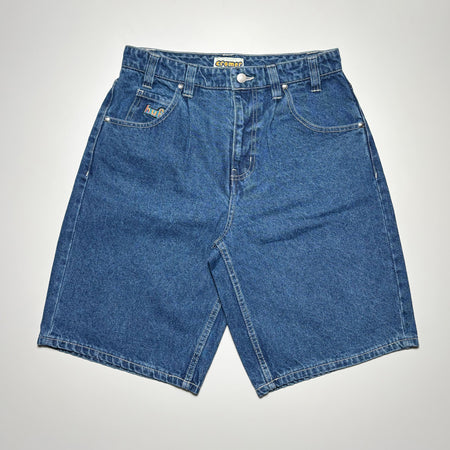 Front image of jean shorts in indigo blue with HUF embroidered on right pocket.