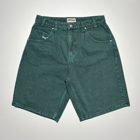 Front image of jean shorts in sea green with HIUF embroidered on right pocket.