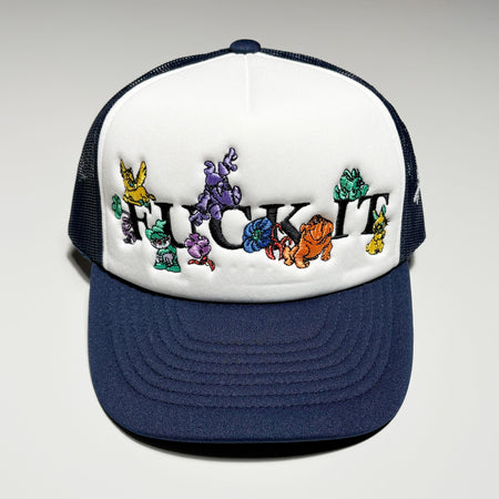 Front image of navy trucker hat with embroidered characters. 