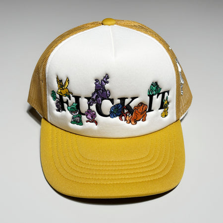 Front image of yellow trucker hat with embroidered characters. 