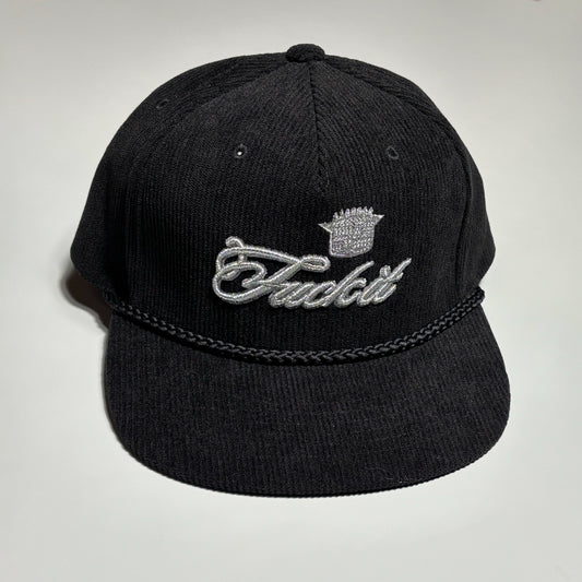 Front image of black cord hat with embroidered "FUCK IT" on crown.