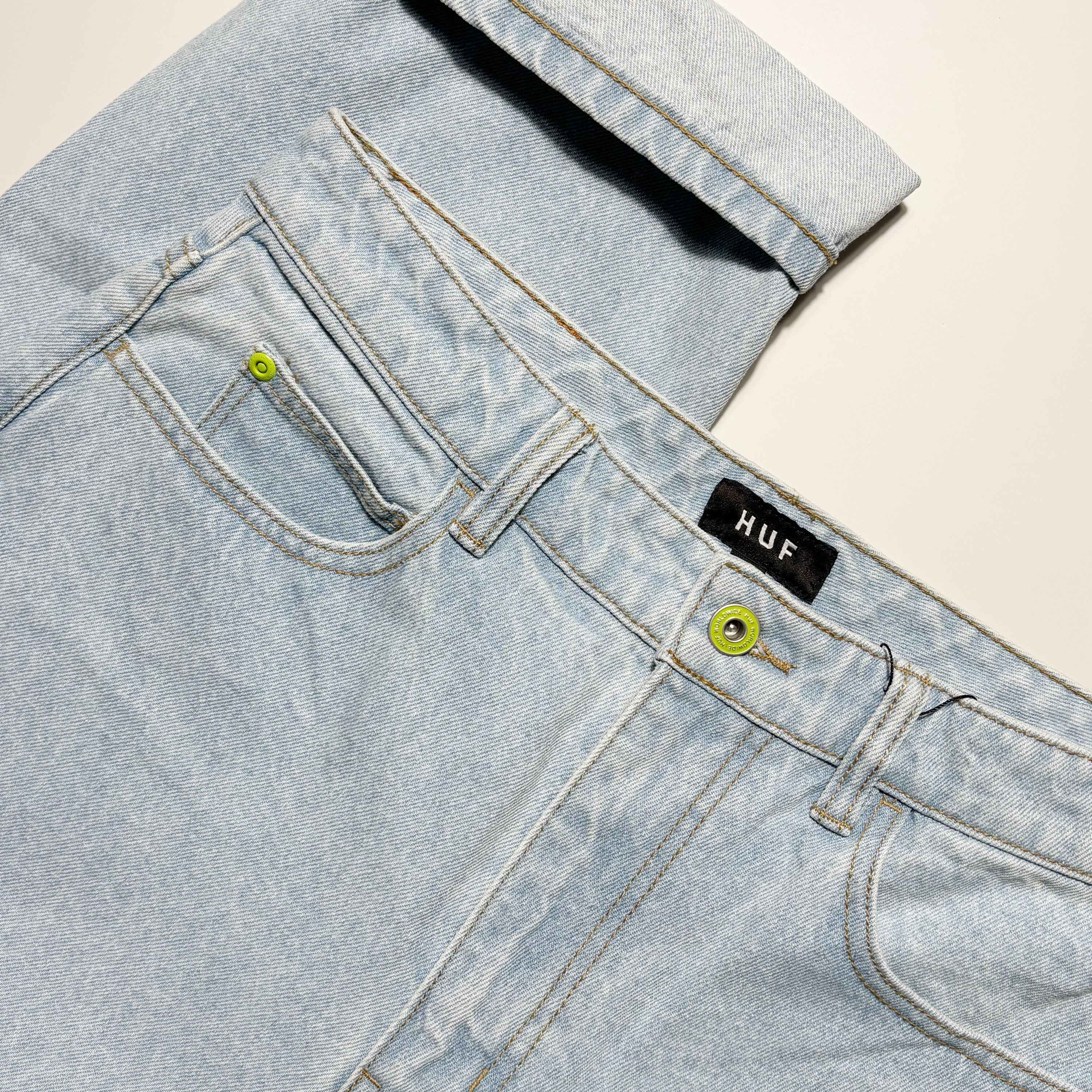 Close detail of button closure with custom HUF green rivets.