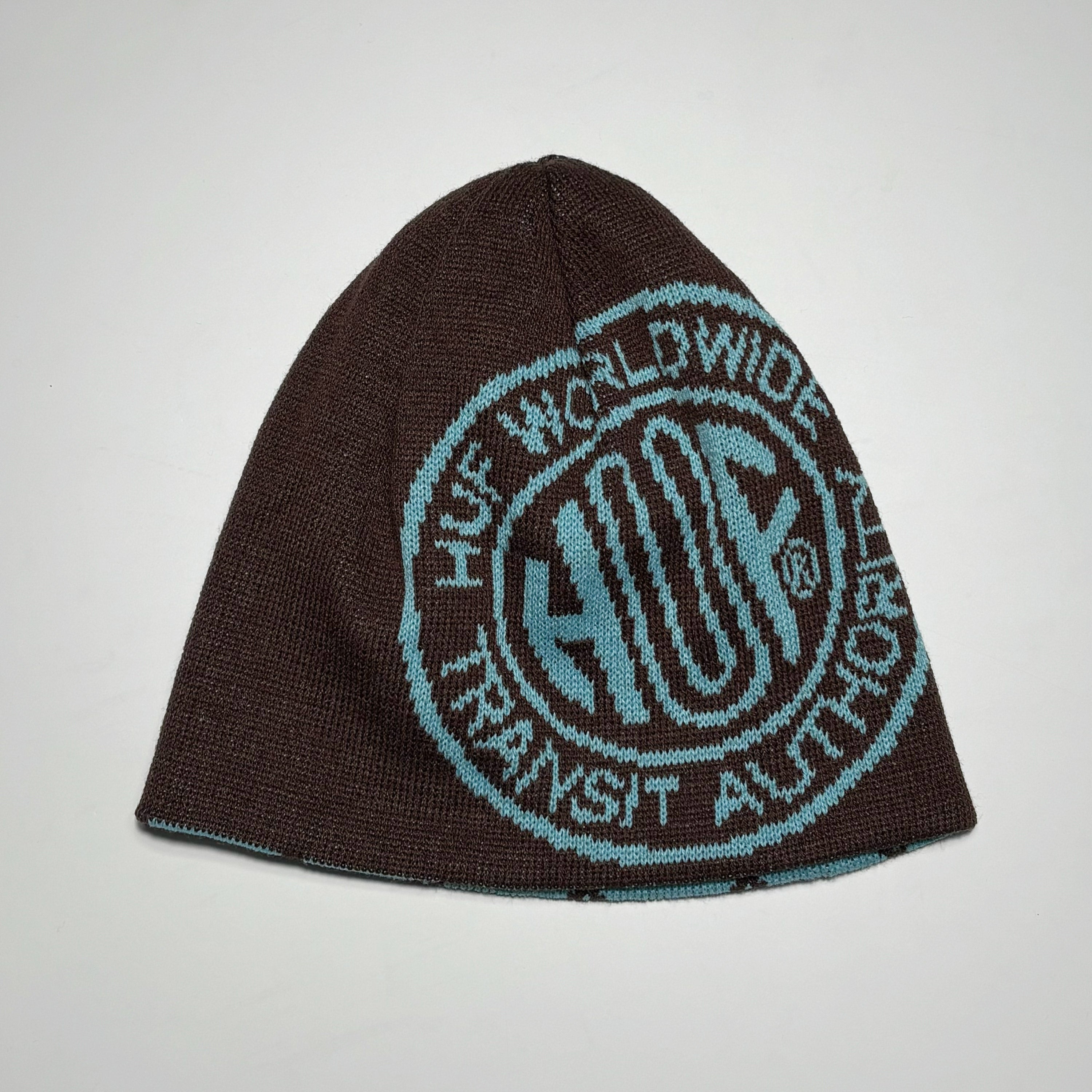 Brown beanie with blue HUF logo 