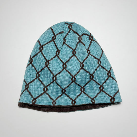 Blue knit beanie with brown chain pattern.