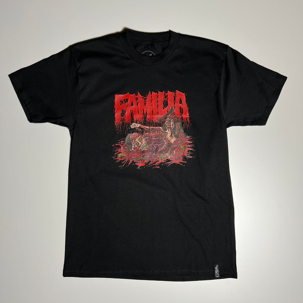 Full image front of black tee.
Familia font in red blood with mutilated corpse drawing.