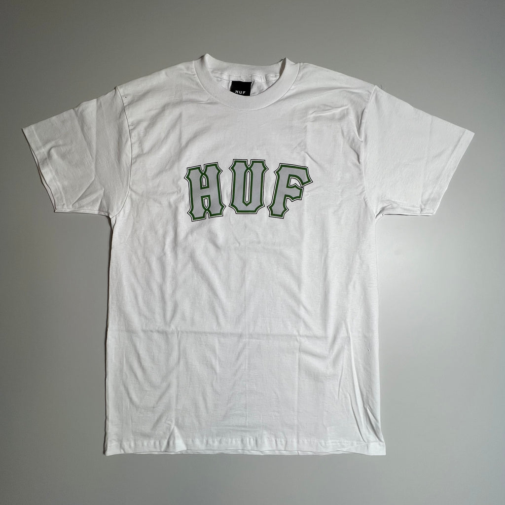 FRONT FACING WHITE T-SHIRT WITH HUF GIANTS LOGO PRINTED IN GREY AND GREEN CENTER CHEST