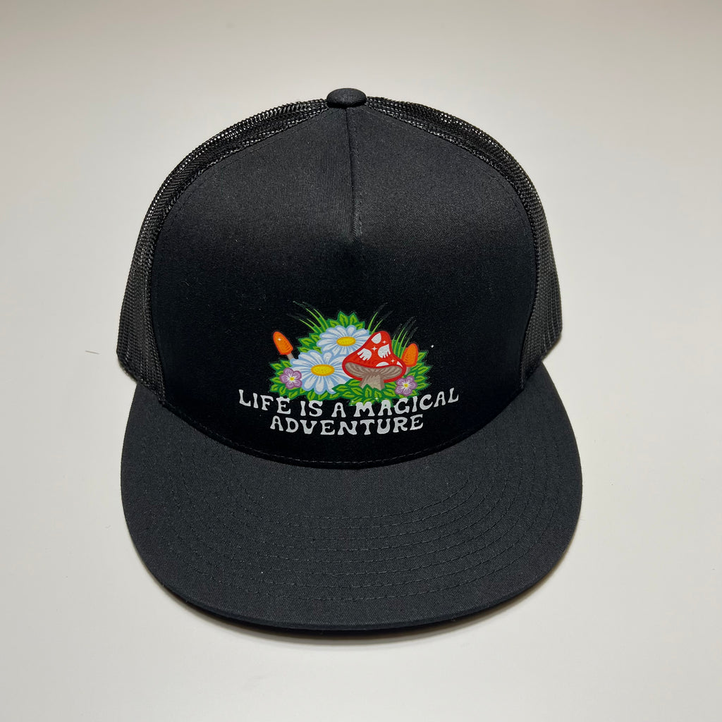 Front image of black mesh hat. Printed mushroom/flower art with 