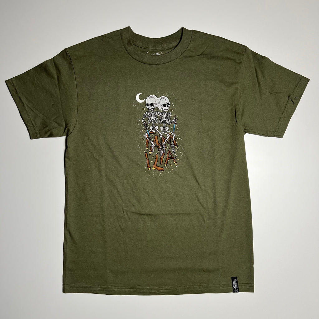 Full image of military green tee with printed art of skeletons on front.