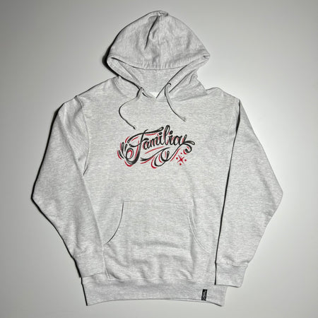 Front facing grey hoodie with the familia airbrush logo printed in black and red.