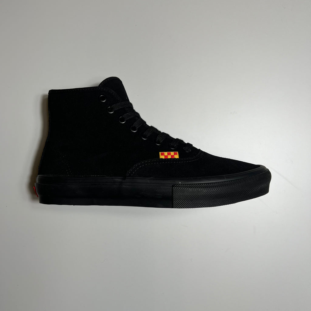 Side view of vans authentic high in black suede with red and yellow checkered tag and black gum sole.