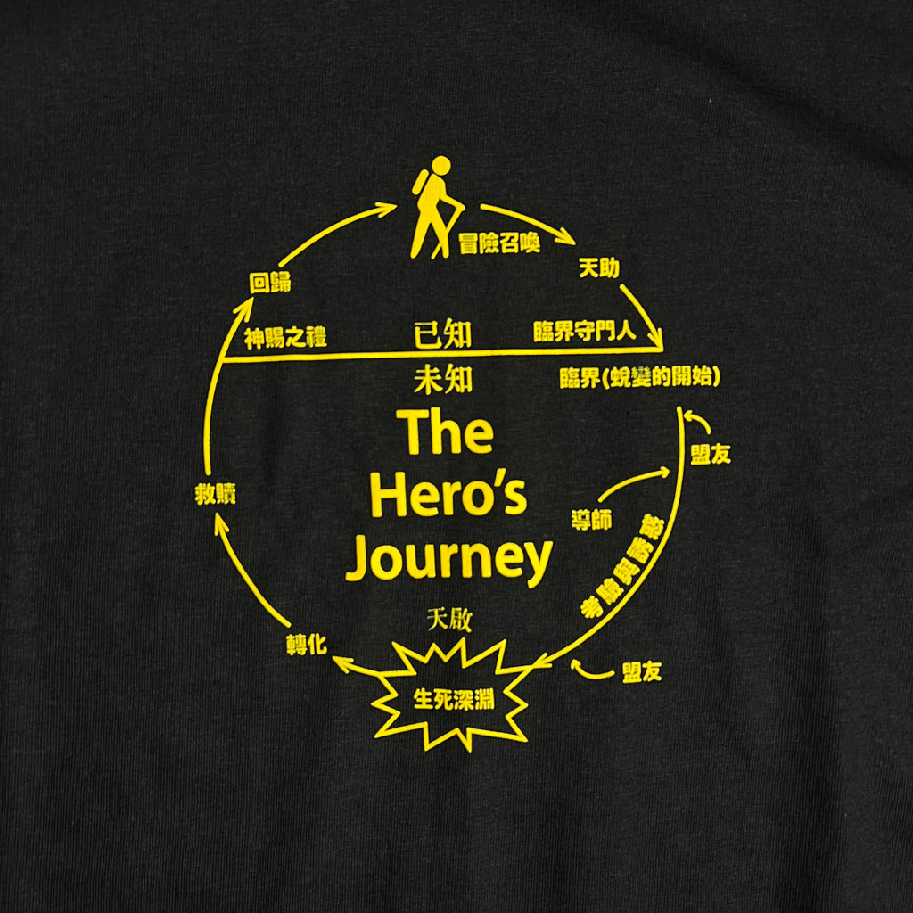 DETAILED SHOT OF BLACK TEE WITH HERO'S JOURNEY GRAPHIC PRINTED IN YELLOW 