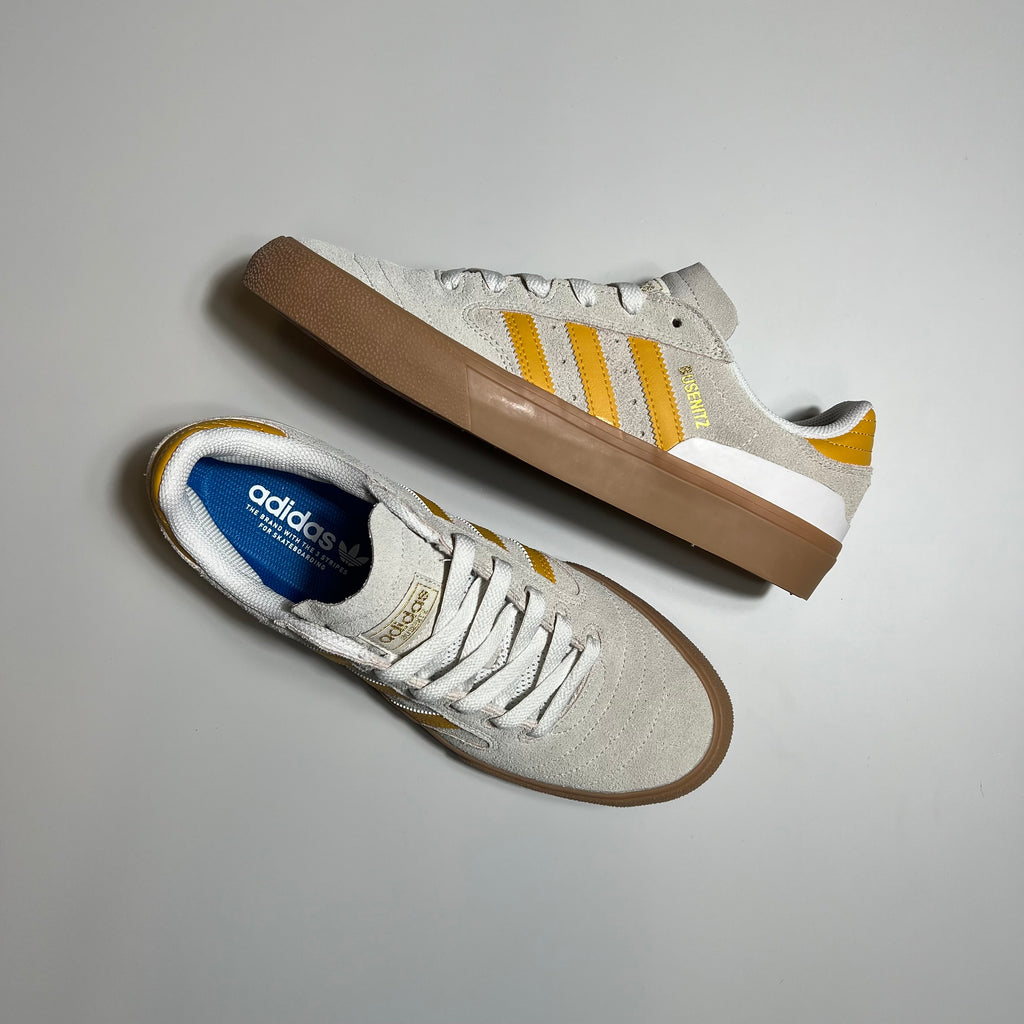 WHITE AND YELLOW ADIDAS BUSENITZ WITH GUM SOLE