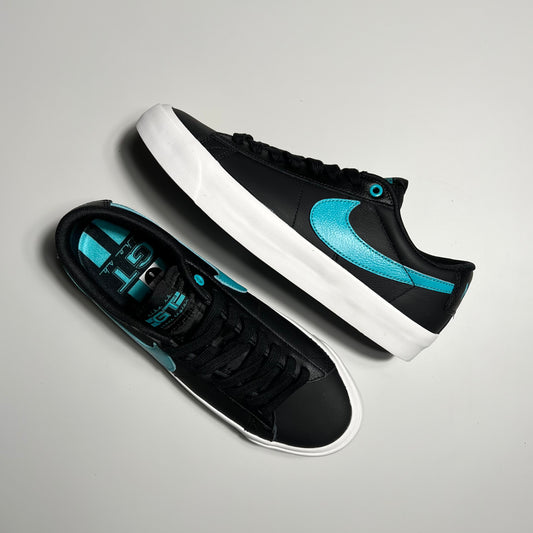 NIKE SB BLAZER GT IN BLACK LEATHER, DUSTY CACTUS SWOOSH AND WHITE GUM SOLE