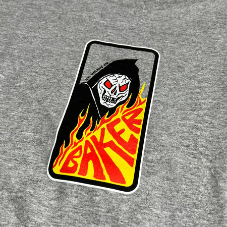 DETAILED SHOT OF BAKER GREY TEE WITH REAPER GRAPHIC