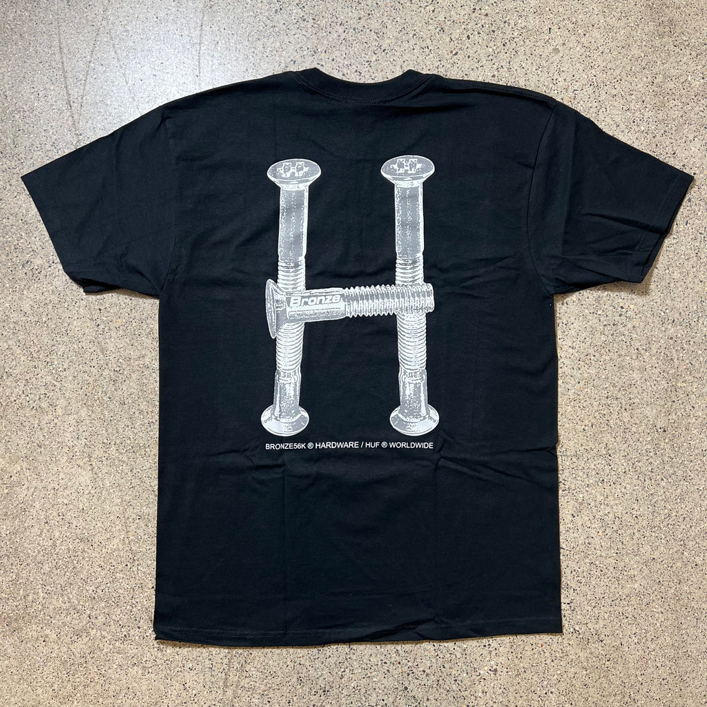 HUF X BRONZE 56K TEE IN BLACK WITH BACK H LOGO MADE FROM HARDWARE