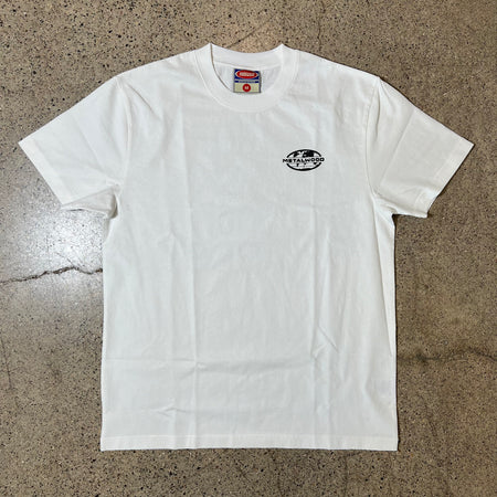 WHITE TEE WITH PRINTED METALWOOD LOGO ON CHEST LEFT SIDE